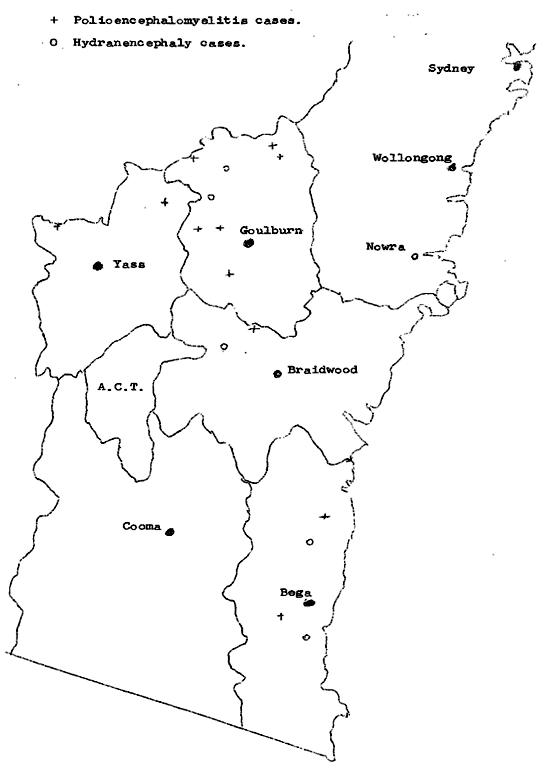 Map showing location of cases of polio encephalomyelistis NSW