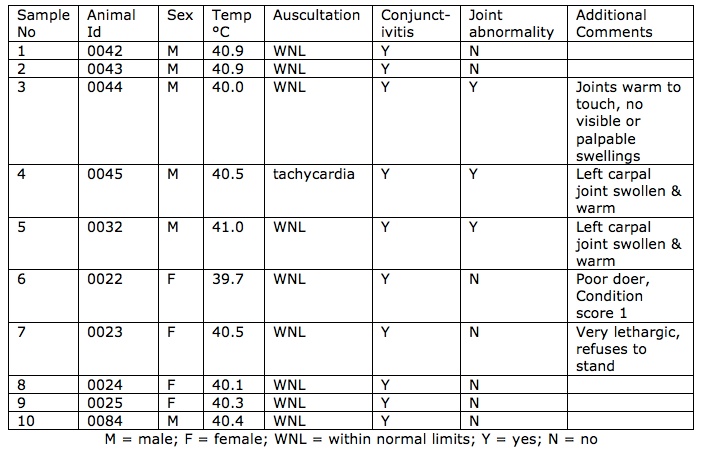 Table of clinical findings